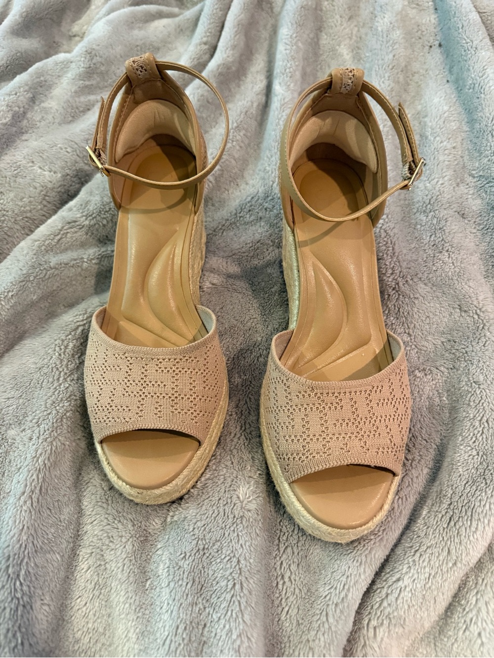 Cosy Island Ankle-Strap Espadrille Wedges in Tan